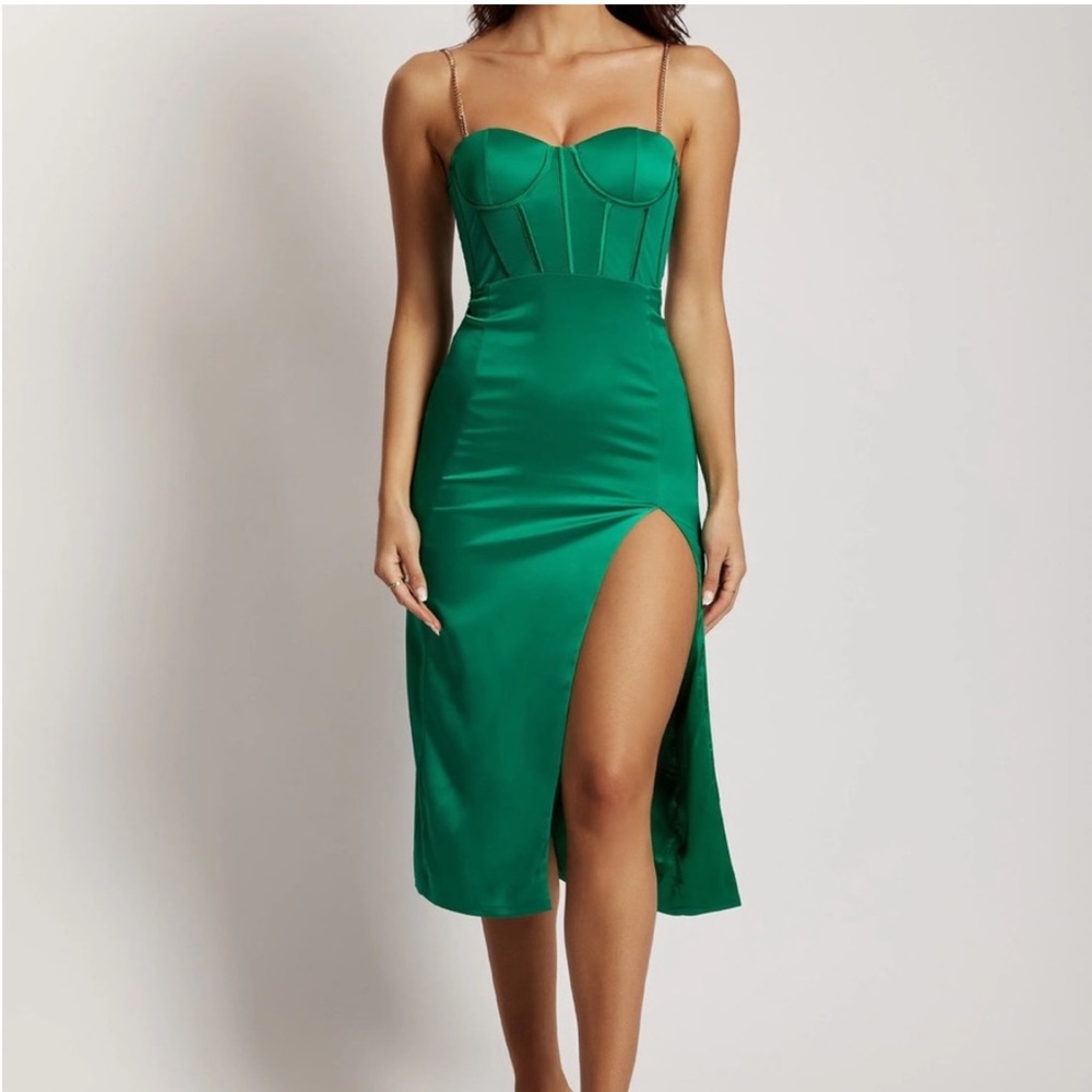 Meshki Talisa Chain Strap Side Split Corset Midi Dress in Green